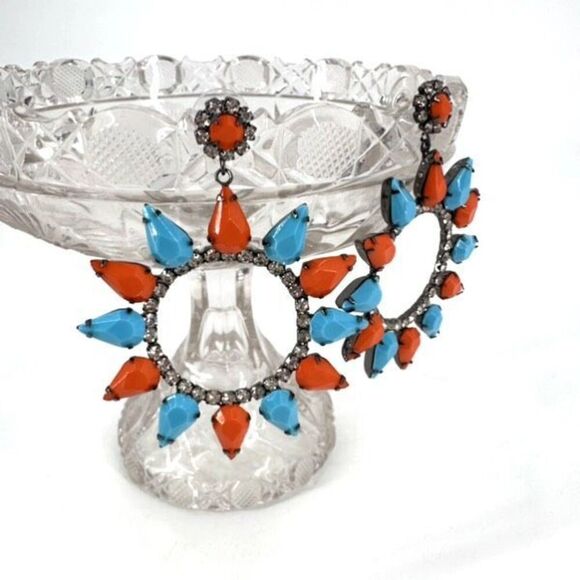 Kenneth Jay Lane Womens Large Circle Crystal Drop Dangle Earring Turquoise Coral - Picture 2 of 12